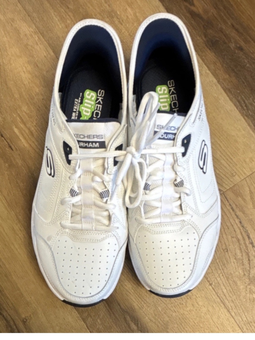 SKECHERS Durham Slip-ins White Navy Memory Foam Extra Wide Fit Men's Sneakers